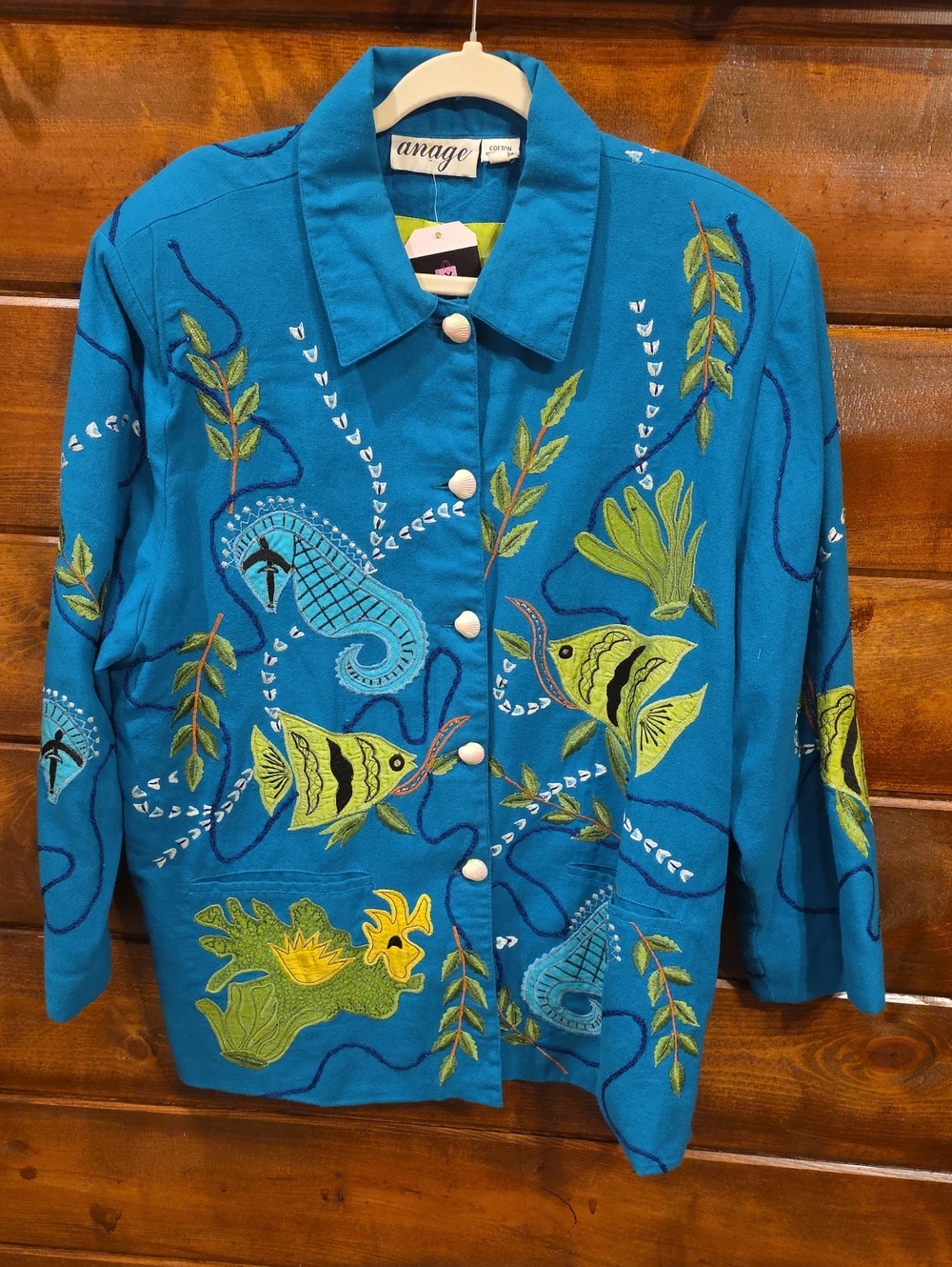 Anage Teal Jacket with Lime Green & Yellow Fish Embroidery